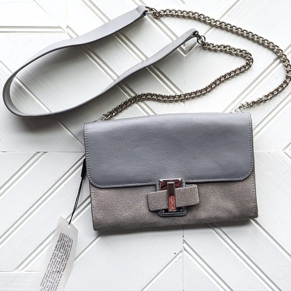 NWT HALSTON HERITAGE Gray Leather Suede Flap Crossbody - Picture 1 of 14